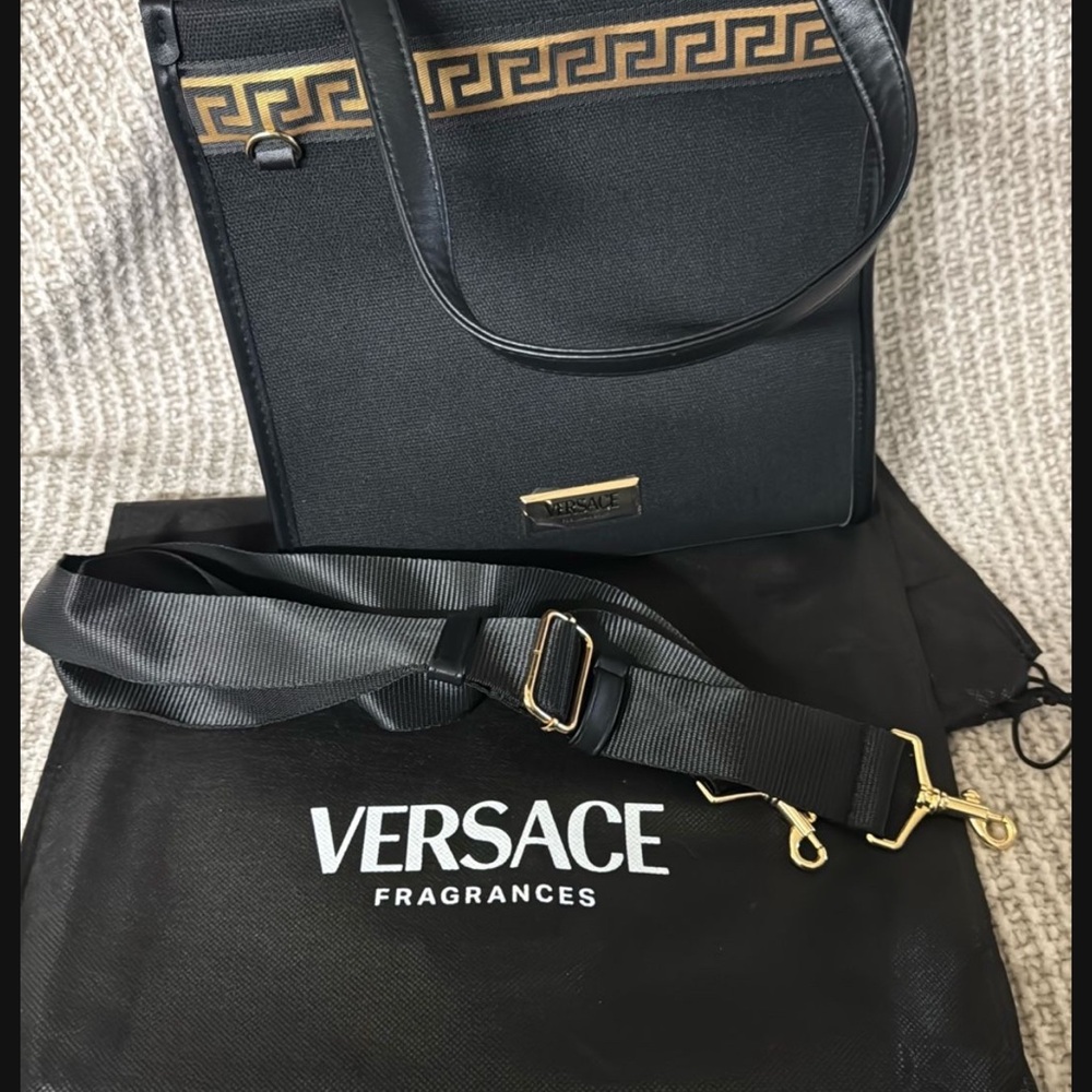 Versace fragrance handbag limited edition canvas tote bag black+ crossbody